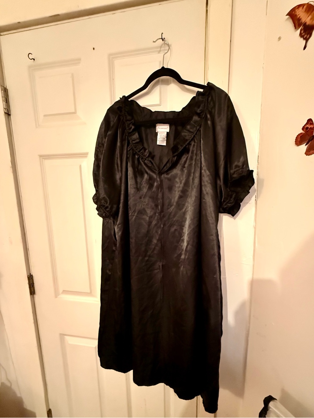 Black Satin Midi Dress with Ruffle Neckline